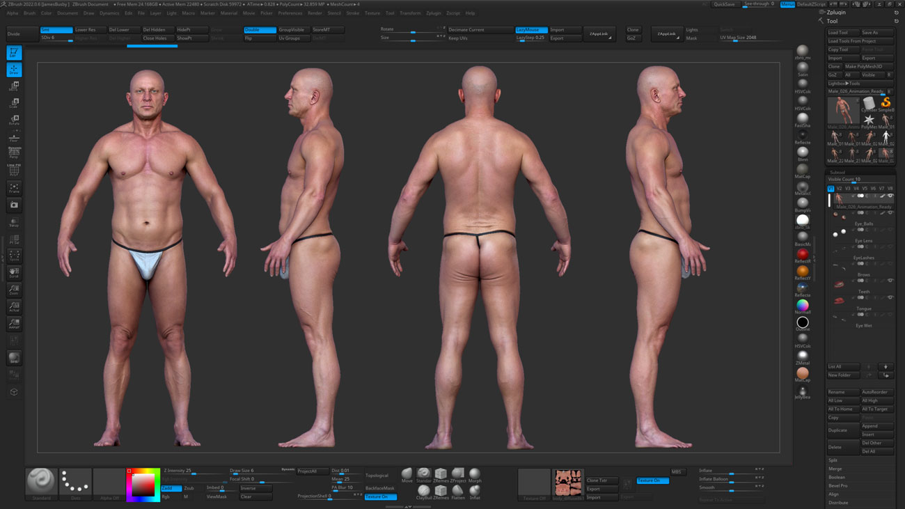 ZBrush ZTool render of a heavy-set male 3D body scan at high subdivision showing sculpt-ready surface detail